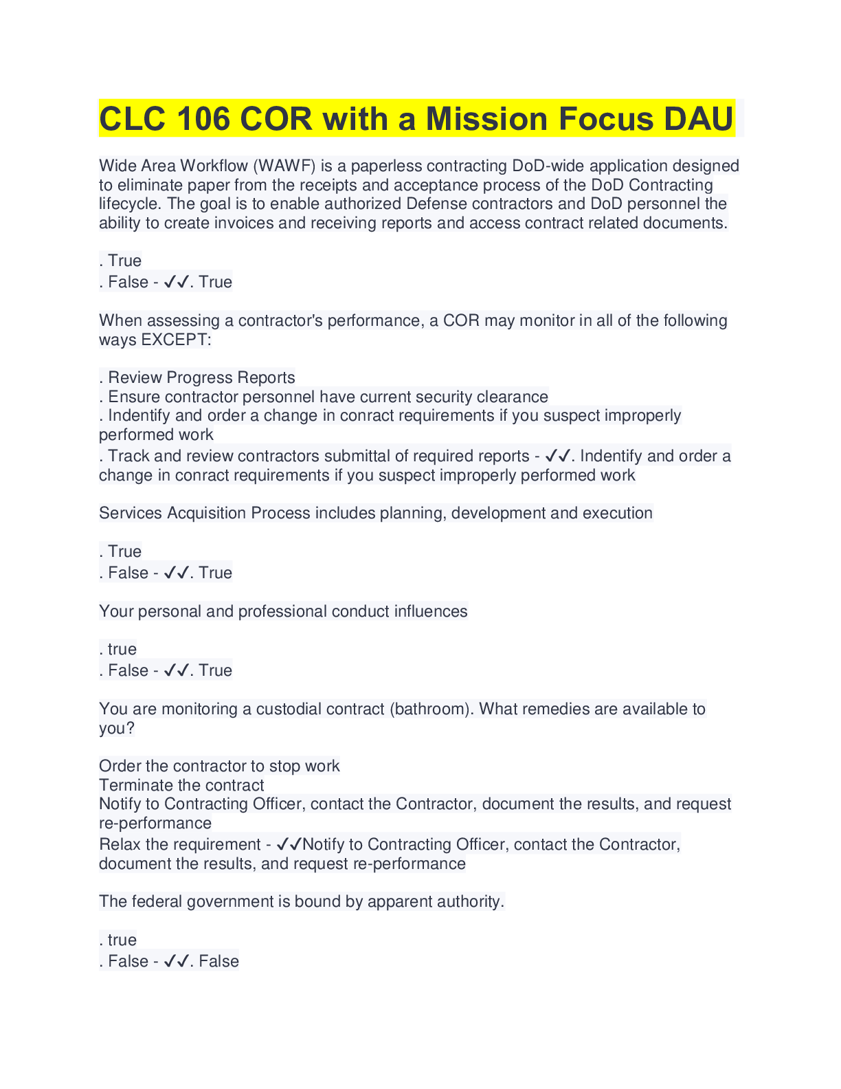 Preview image for Defence Acquisition University CLC 106 COR with a Mission Focus DAU | 100% Correct Answers